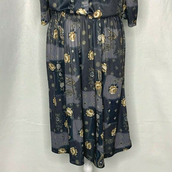 Vtg Midi Dress 14 Gray Floral Paisley 3/4 Sleeve - Picture 3 of 6